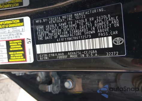 2024 Toyota Camry Xle из США, поврежденный, VIN 4T1F11BK7RU112579